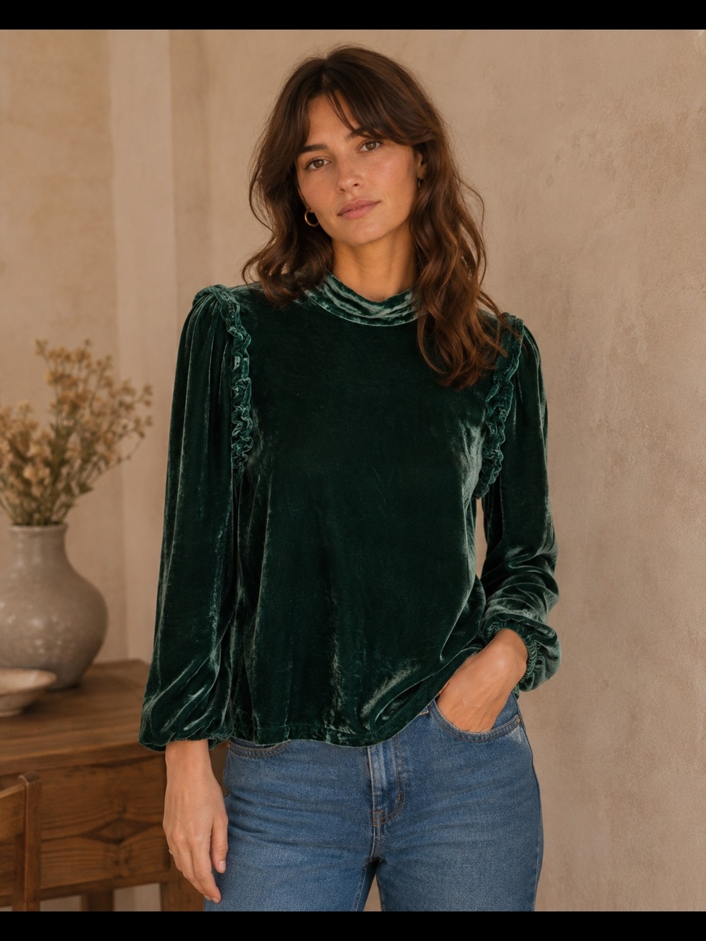 Sezane Velvet Jackie Blouse Size 10 Green 3/4 Sleeve Top Grunge Velvet Silk